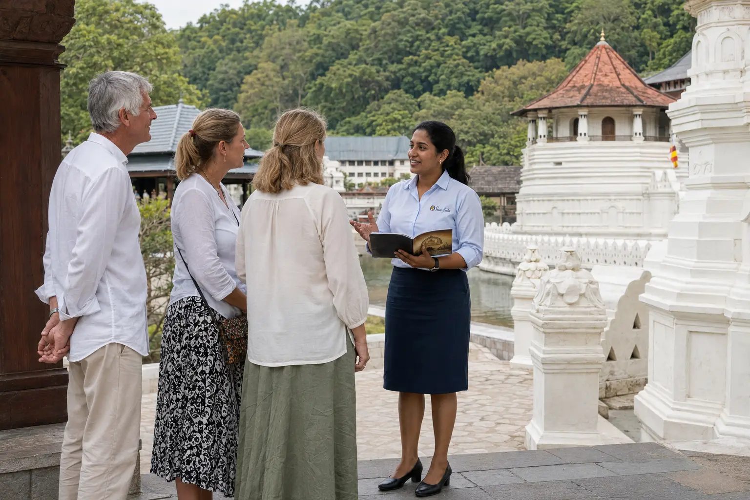 Shans Lanka Travels guide at the Temple of the Tooth, Kandy