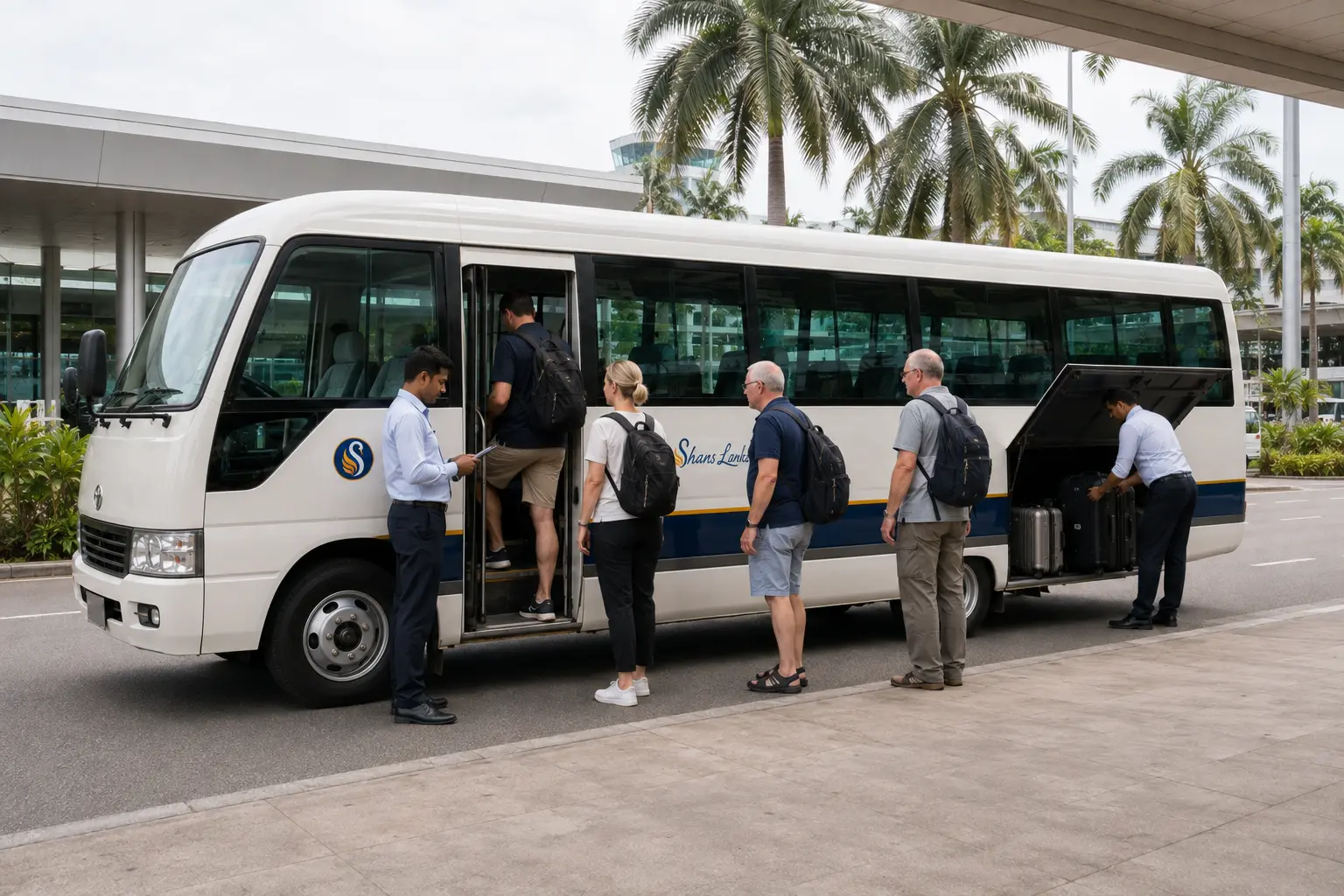 Guests boarding a Shans Lanka Travels coaster bus