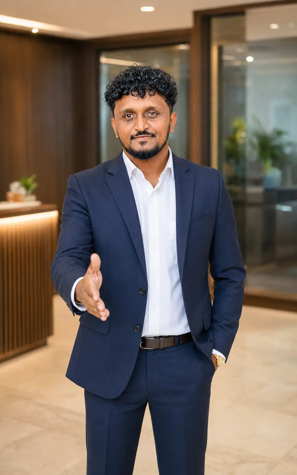 Madhushan Sandaruwan greeting a partner with a handshake